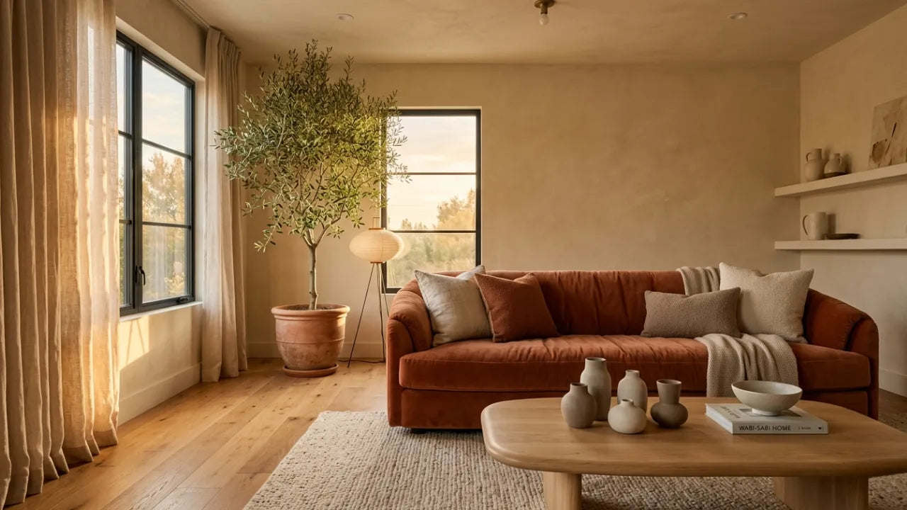 Sala de estar decorada no estilo Minimalismo Quente com sofá de veludo terracota, paredes areia e plantas naturais.