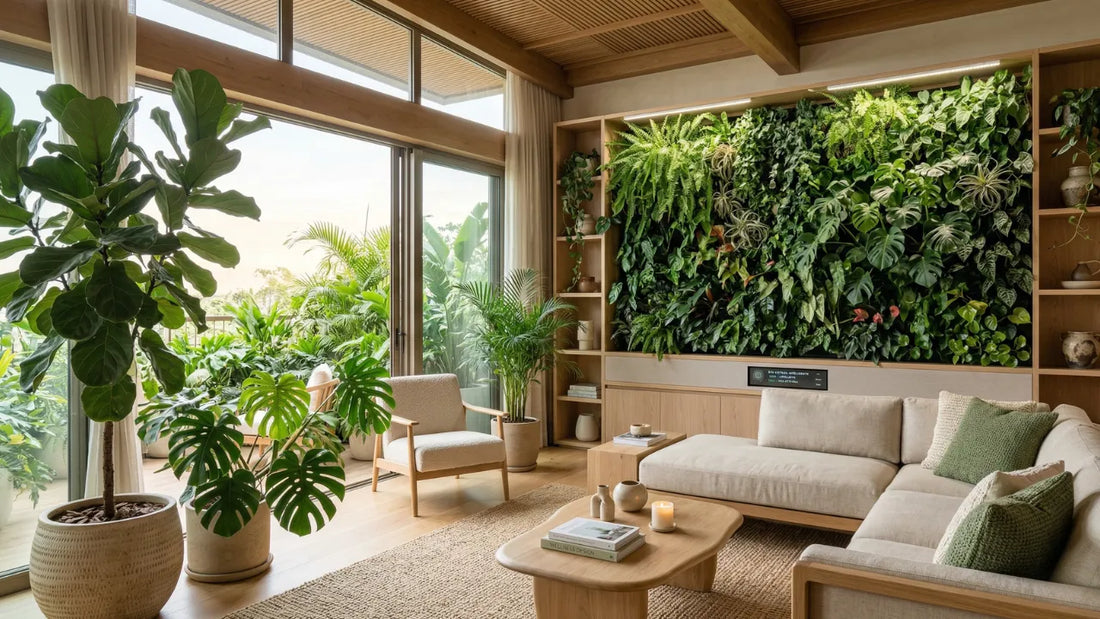 ala de estar exuberante com jardim vertical inteligente, luz natural abundante, plantas de grande porte e mobiliário em madeira clara. Estética de decoração biofílica 2026.