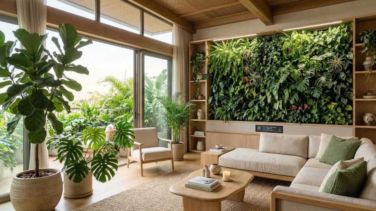 ala de estar exuberante com jardim vertical inteligente, luz natural abundante, plantas de grande porte e mobiliário em madeira clara. Estética de decoração biofílica 2026.