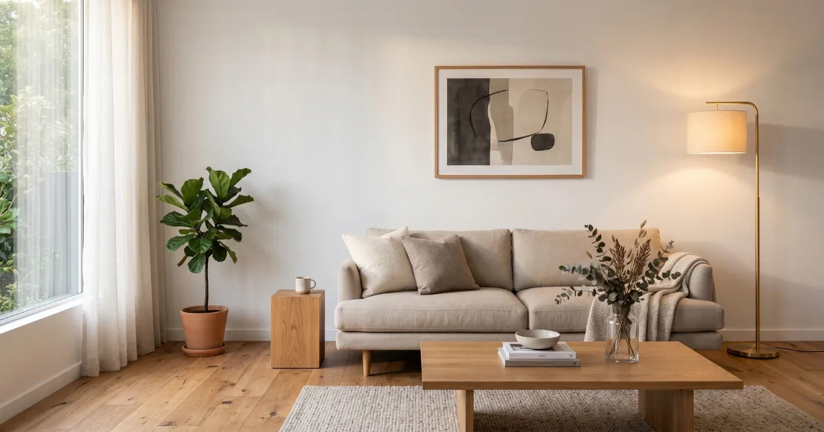 Sala minimalista com sofá neutro, luminária de piso e parede com quadro único — decoração minimalista 2026