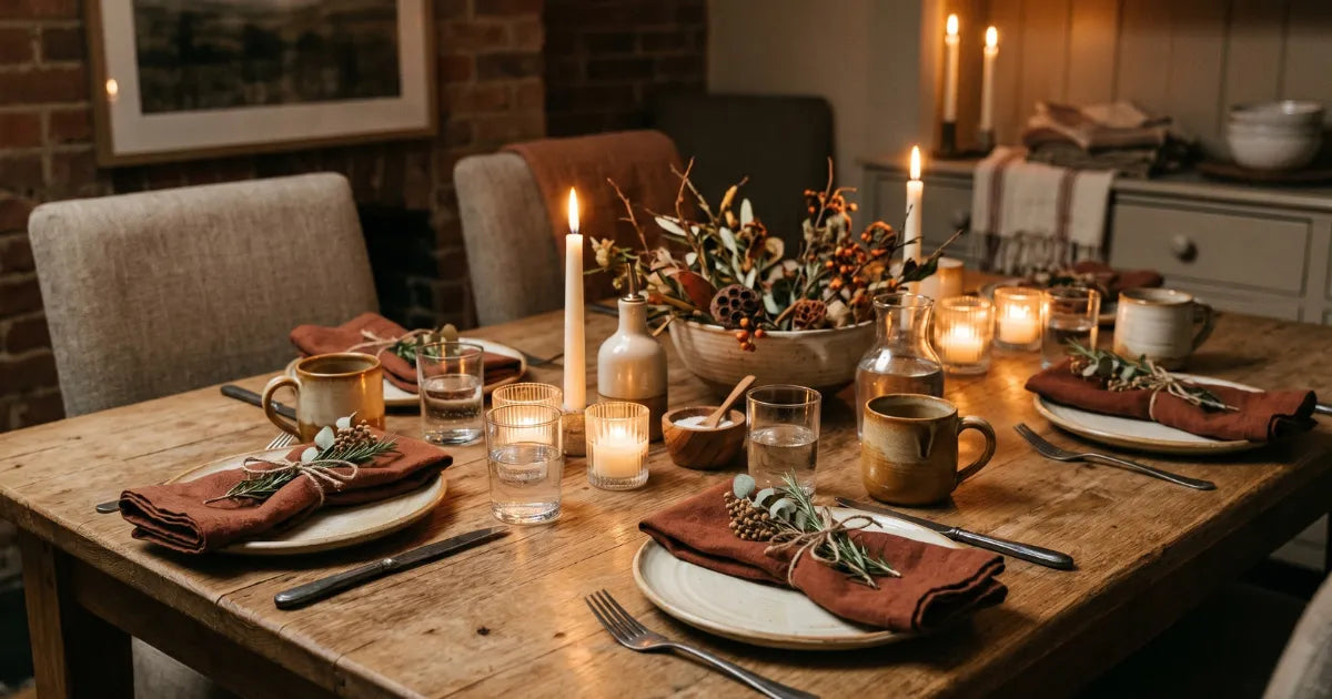 Sala de jantar decorada com tons terrosos, velas acesas e cerâmica artesanal sobre a mesa — decoração 2026