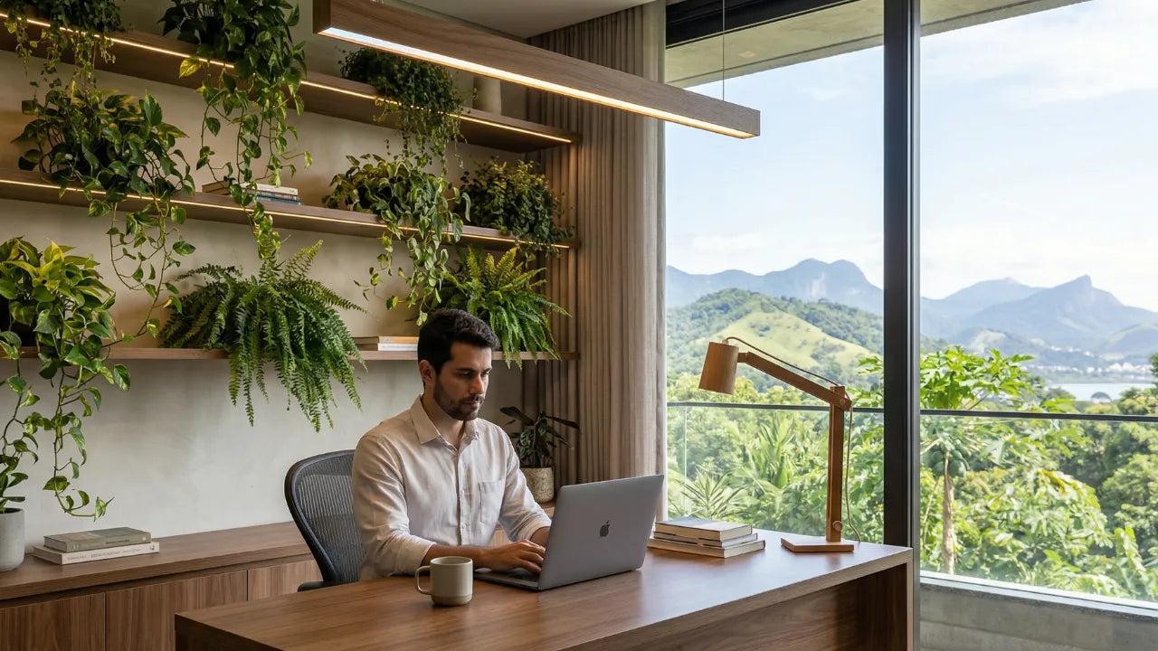 Sala com jardim vertical — decoração biofílica 2026