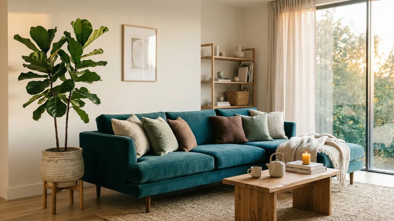 Sala de estar minimalista e aconchegante com paredes brancas Cloud Dancer, sofá Transformative Teal, almofadas em Sage Green e Cocoa Powder, e planta Ficus Lyrata. Decoração de interiores com paleta de cores quentes 2026.