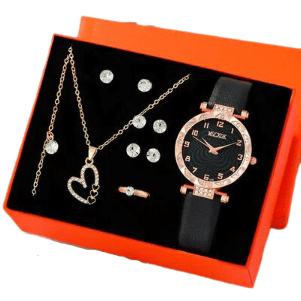 kit apresenta um relógio deslumbrante acompanhado por uma seleção de pulseiras coordenadas e brincos, todos meticulosamente trabalhados para complementar qualquer ocasião com um toque de refinamento.