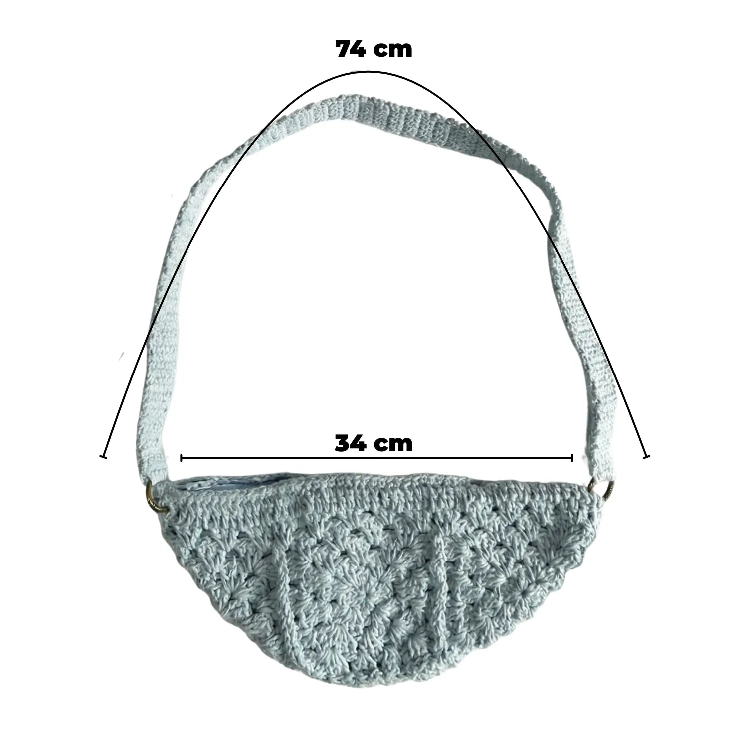 Detalhe da textura do crochê artesanal da pochete azul