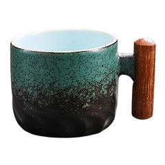 Caneca Vintage de Cerâmica com Alça de Madeira - Artesanal 70ml