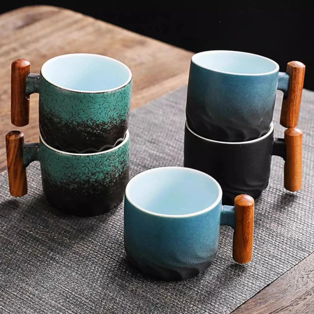 Vintage Ceramic Mug with Wooden Handle | A Unique Coffee Cup